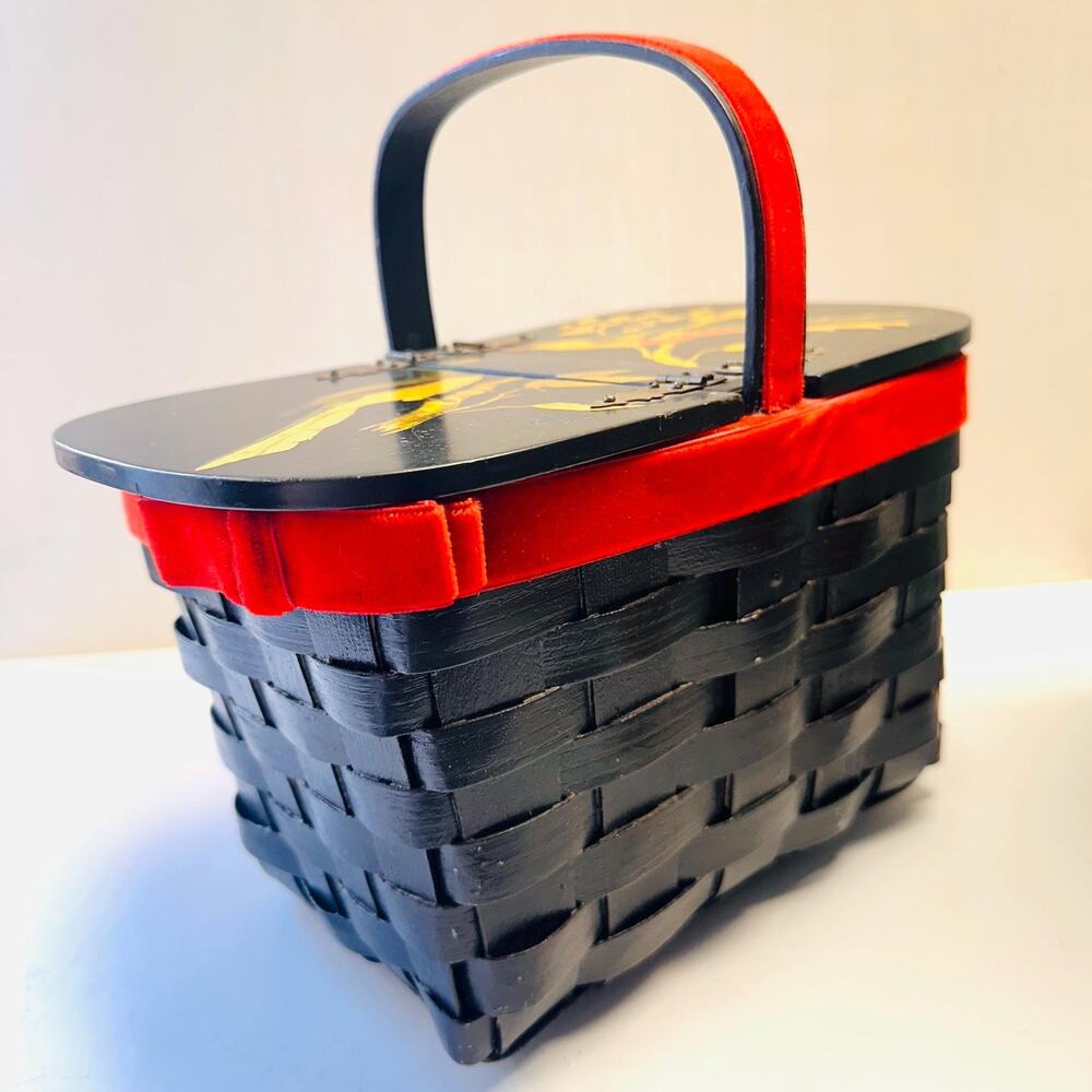 Vintage Black Picnic Basket Red Velvet Ribbon Decoupage Birds